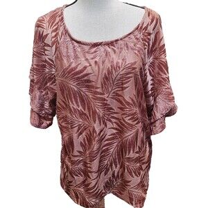 Umgee Velvet Burn Out Leaf Print Top Size Small Ruffle Sleeve